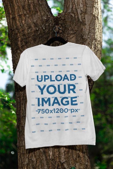 Back-View Mockup Featuring a Bella Canvas T-Shirt Hanging From a Tree