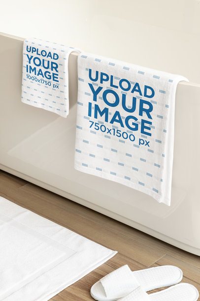 Mockup of a Beach Towel and a Hand Towel Hanging on the Tub m40731