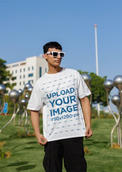 Oversized Blinkstore Tee Mockup of a Gen-Z Man Wearing Dark Sunglasses at a Park m40965