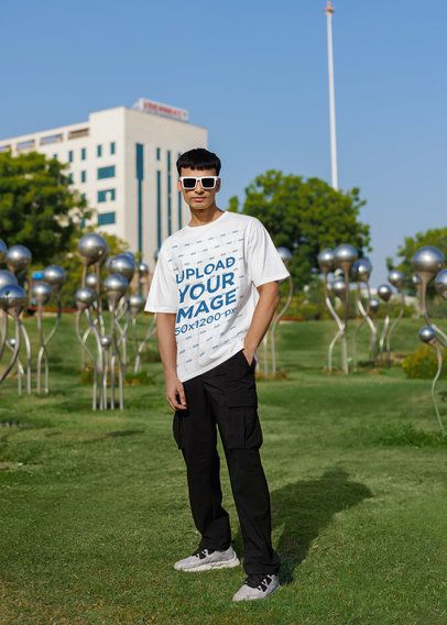 Mockup of a Gen-Z Man Wearing an Oversized Tee and Dark Sunglasses at a Park m40966
