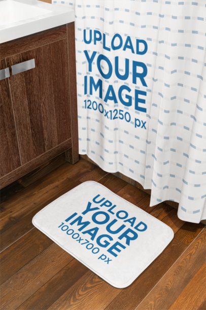 Mockup of a Sublimated Bath Mat and a Shower Curtain Placed in a Wooden-Styled Bathroom m40724