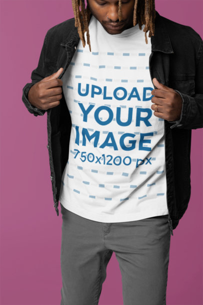 Closeup Mockup of a Man Wearing a Round-Neck T-Shirt Under a Denim Jacket