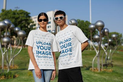 Oversized Blinkstore Tee Mockup of a Happy Gen Z Man and Woman in a Park