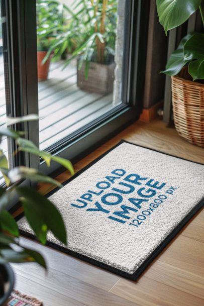 Mockup of an AI-Generated Doormat Placed on a Wooden Floor Near a Glass Door m40767