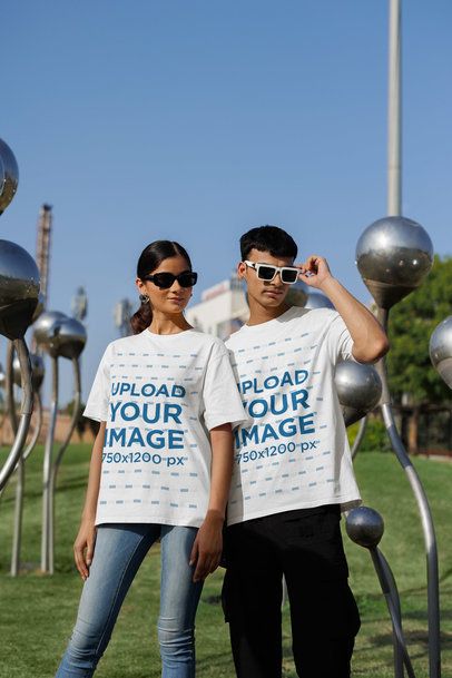 Oversized Blinkstore Tee Mockup of a Man and a Woman in Modern Outfits with Sunglasses