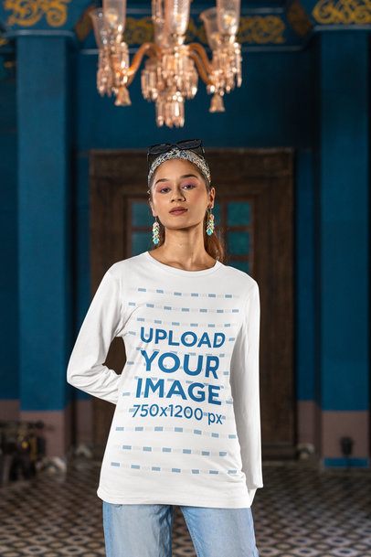 Bella Canvas Long Sleeve Tee Mockup of a Woman Posing in a Room