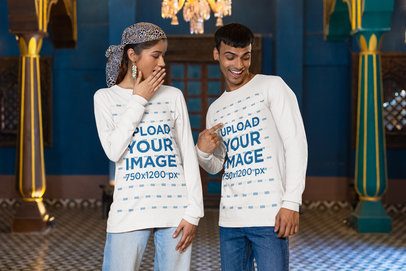 Mockup of a Man and a Woman Wearing Matching Long Sleeve Tees from Bella Canvas m40988