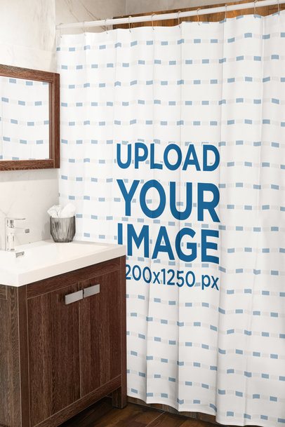Mockup of a Sublimated Shower Curtain Hanging on a Bathroom m40720