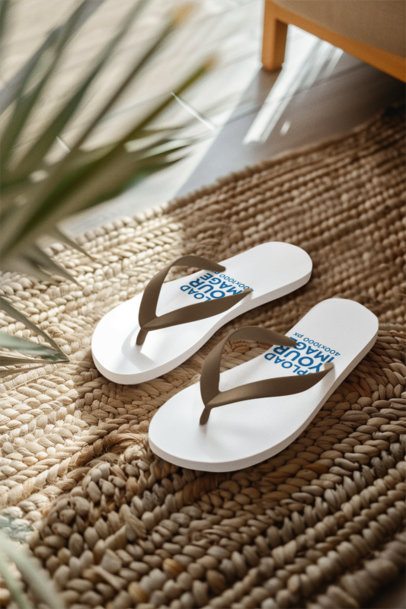 AI-Created Mockup Featuring a Pair of Flips Flops Placed on a Jute Rug m50107