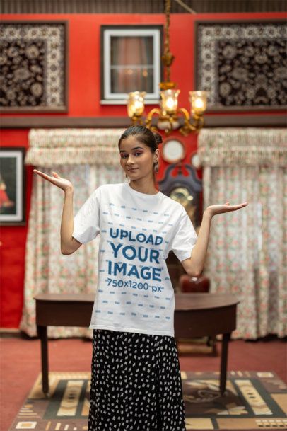 Mockup of a Woman in an Oversized Blinkstore Tee Making a Shrug Expression m40999