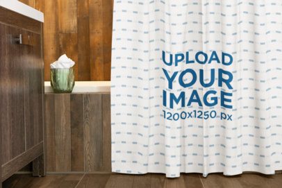 Shower Curtain Mockup Featuring Wood Decorations on a Bathroom m40722