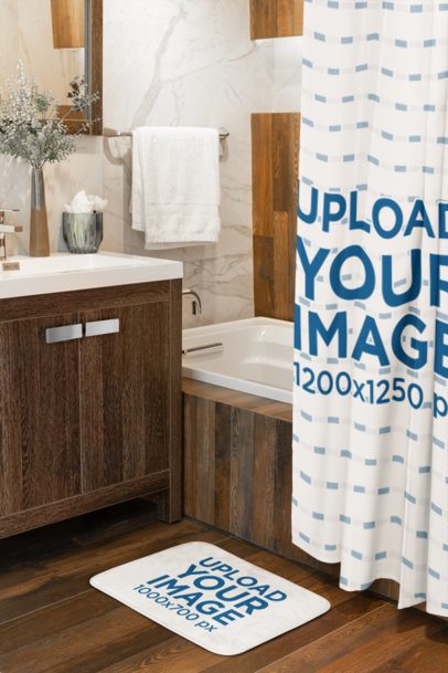 Mockup of a Sublimated Shower Curtain Placed on a Tube Featuring Bath Mat on the Floor m40723