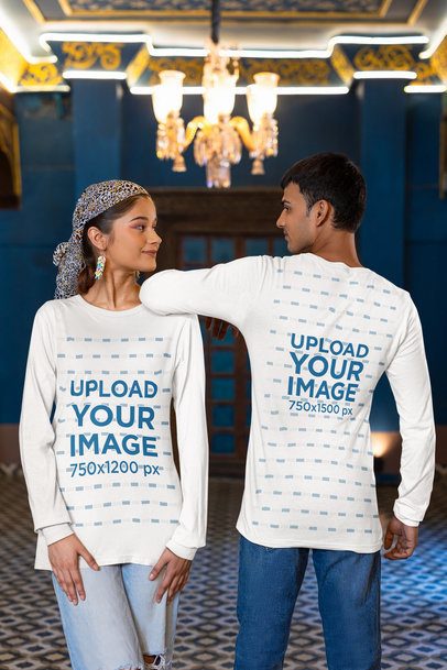 Mockup of a Gen-Z Couple Wearing Matching Long Sleeve Tees from Bella Canvas