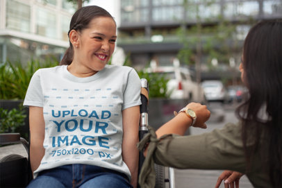 T-Shirt Mockup of a Woman Using a Wheelchair Asking for the Time