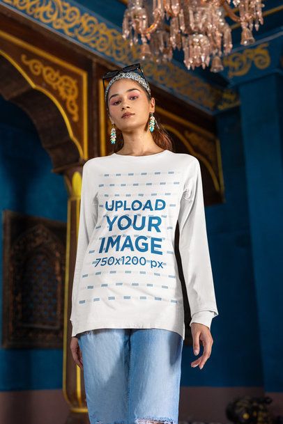 Bella Canvas Long-Sleeve Tee Mockup of a Gen Z Woman With a Serious Look