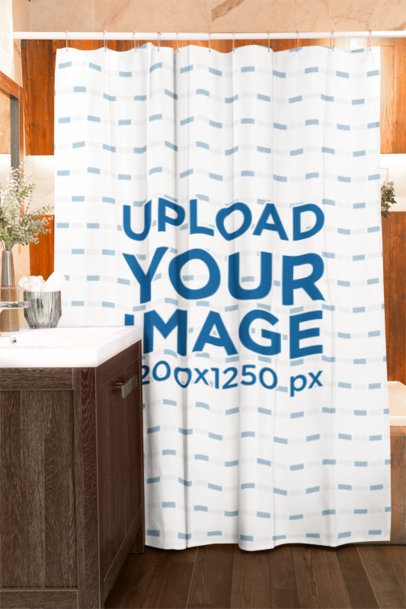 Print Mockup Featuring a Sublimated Shower Curtain Hanging From a Tube in a Bathroom m40719