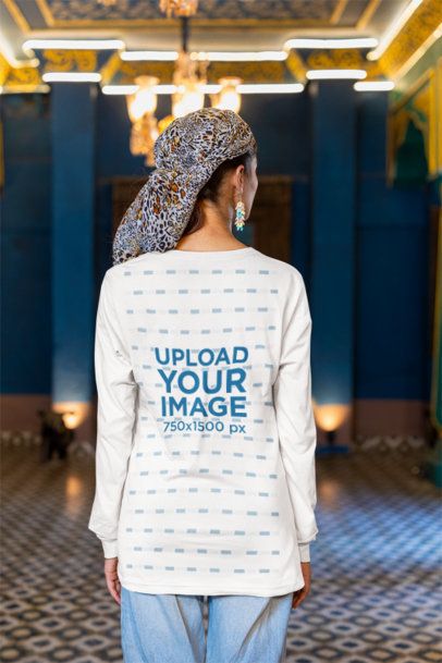 Back-View Mockup Featuring a Woman Wearing a Bella Canvas Long-Sleeve Tee and Cool Earrings m40984