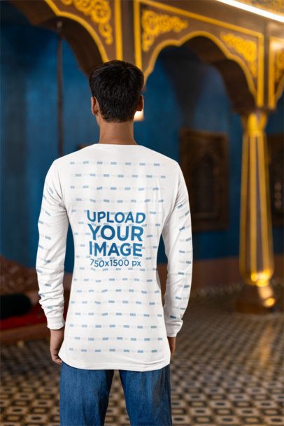 Back-View Mockup of a Man Wearing a Bella Canvas Long-Sleeve Tee With Customizable Sleeves m40991