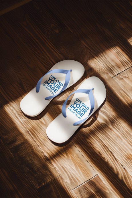 AI-Generated Mockup Featuring a Pair of Flip Flops Placed on a Wooden Floor