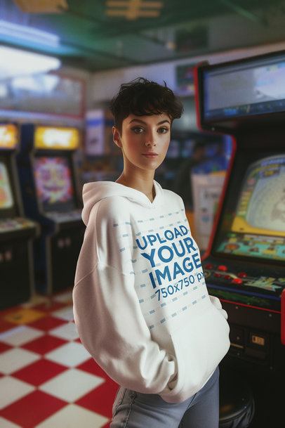 AI-Created Mockup of a Woman Wearing a Pullover Hoodie in an Arcade Room