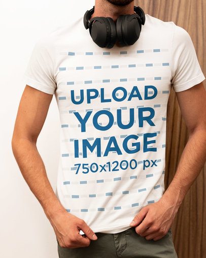 Bella Canvas Tee Mockup Featuring a Cropped-Face Man With Headphones on His Neck