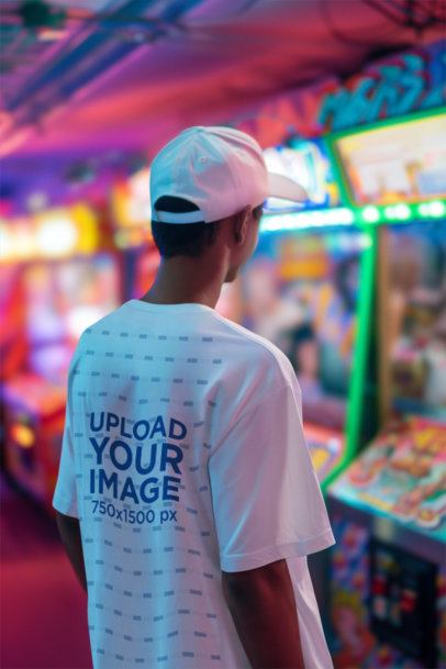 Back-View Mockup of a Teenager Wearing a T-Shirt in an Arcade Room