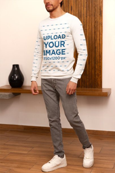 Bella Canvas Long-Sleeve Tee Mockup of Cropped-Face Man With a Homemade Feel Look