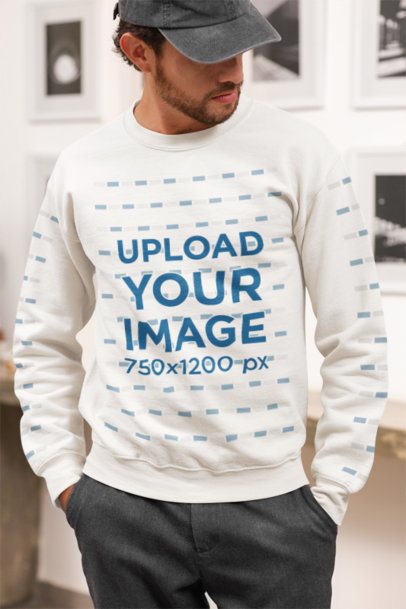 Mockup Featuring a Bearded Man Wearing a Rounded-Neck Gildan Sweatshirt