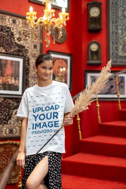 Blinkstore T-Shirt Mockup Featuring a Smiling Gen Z Woman Holding an Ear of Wheat m41001