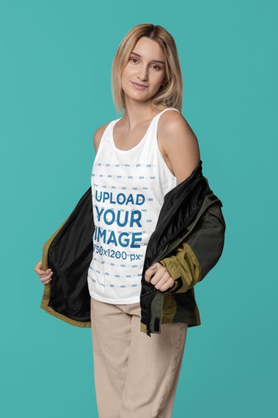 Mockup of a Woman Wearing a Tank Top from Bella Canvas in a Studio