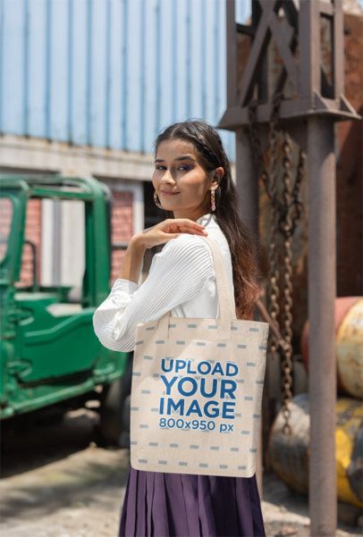 Gen Z Mockup Featuring a Smiling Woman Carrying a Tote Bag