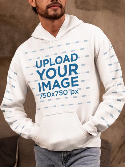 Mockup of a Bearded Man Wearing a Pullover Hoodie with Customizable Sleeves