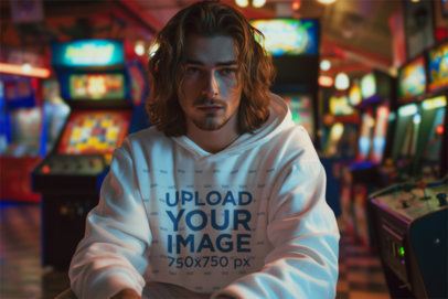 Mockup of an AI-Created Man with Long Hair Wearing a Hoodie in an Arcade 
