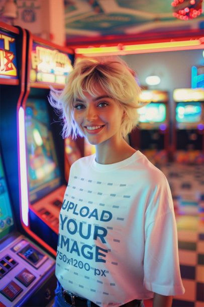 Mockup of an AI-Generated Teen Girl Wearing a T-Shirt in an Arcade Room