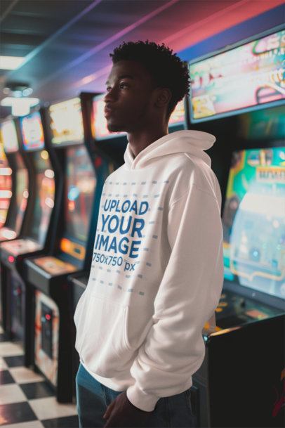 Pullover Hoodie Mockup Featuring an AI-Created Man Standing in an Arcade