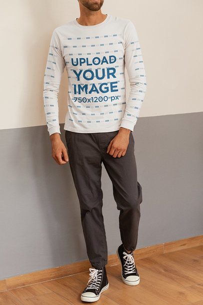 Homemade Feel Mockup Featuring a Cropped-Face Man in a Bella Canvas Long-Sleeve Tee