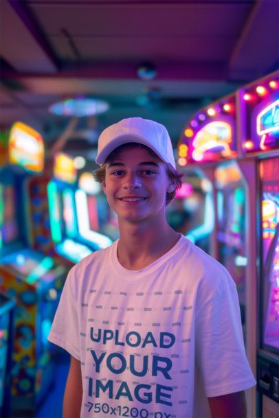 Mockup Featuring an AI-Created Teenager Wearing a T-Shirt in an Arcade
