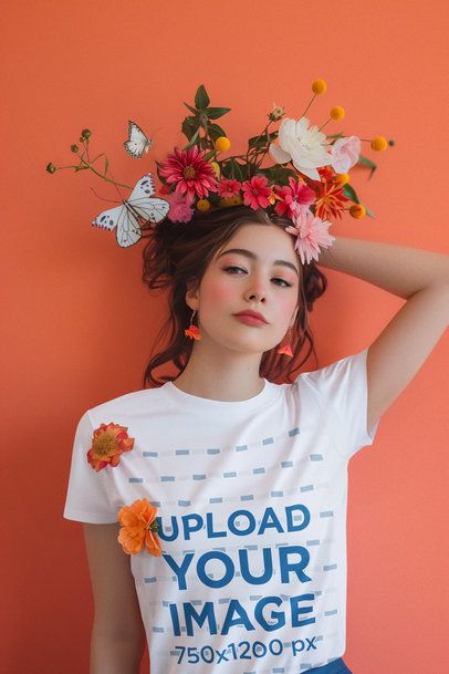 T-Shirt Mockup of an AI-Generated Woman With a Flower Crown and Butterflies