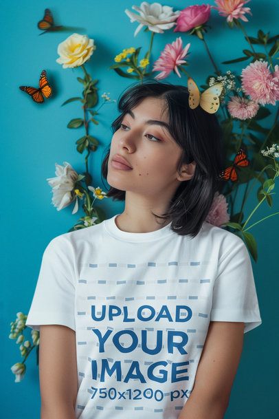 AI-Generated Mockup of a Woman Wearing a T-Shirt in Front of a Wall with Flowers