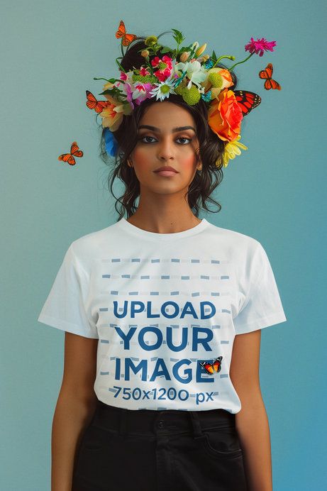 T-Shirt Mockup of an AI-Created Woman with Flowers and Butterflies on her Head