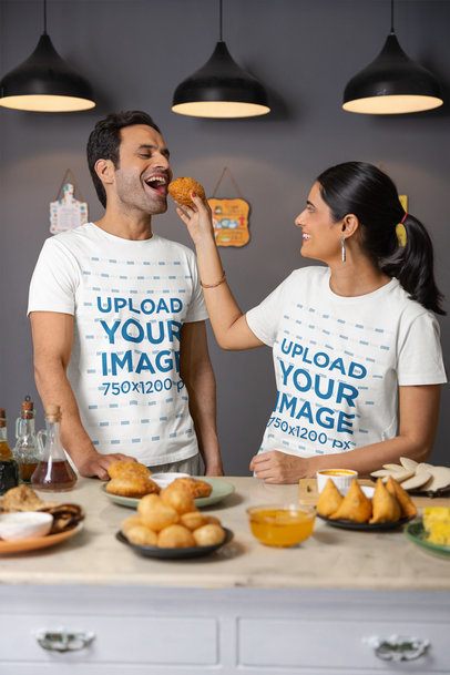 Scott International Tee Mockup Featuring a Happy Woman Giving a Snack to His Partner m41154