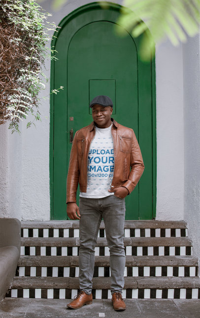 Mockup of a Man Wearing a Round Neck T-Shirt Outside his House