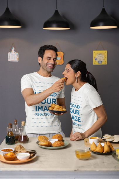 Scott International Tee Mockup Featuring a Smiling Man Giving a Snack to a Woman m41155