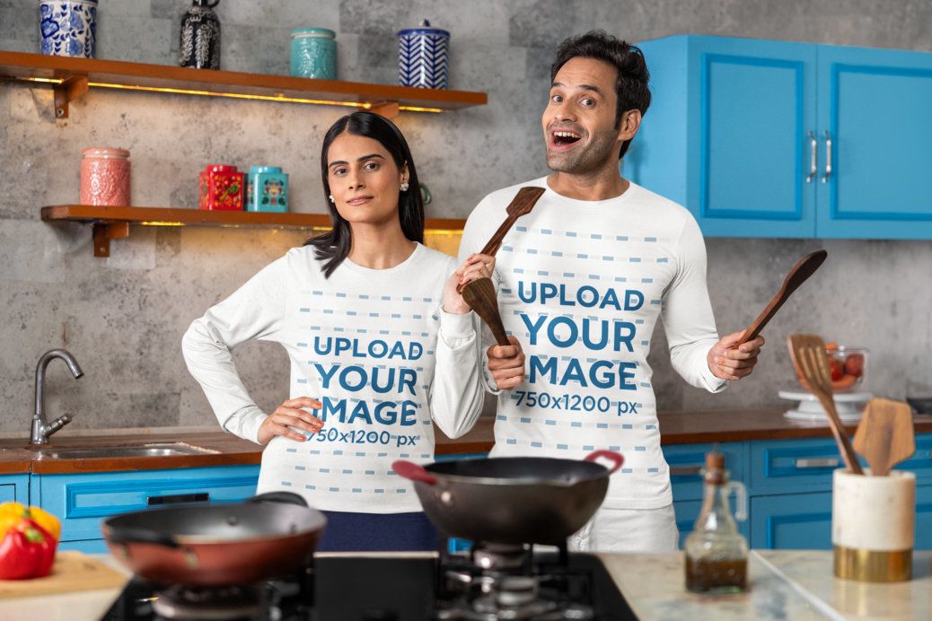 Bella Canvas Long-Sleeve Tee Mockup Featuring a Man and a Woman With Cooking Spoons
