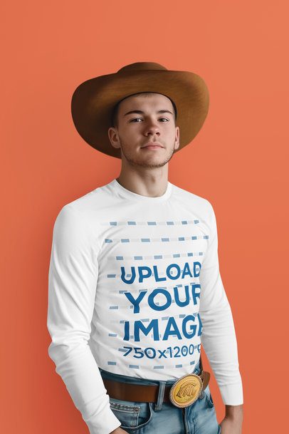 Cowboy-Inspired Mockup Featuring an AI-Created Man Wearing a Long-Sleeve Tee m41196