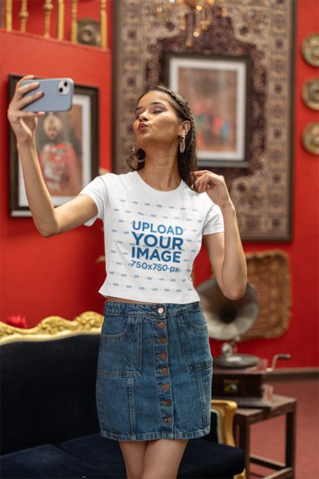 BLVND Crop Top Mockup of a Woman Taking a Selfie and Making a Kissy Face