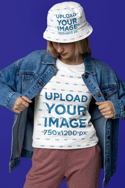 Bucket Hat Mockup of a Woman in a Bella Canvas T-Shirt and a Denim Jacket