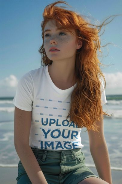 Round-Neck T-Shirt Mockup Featuring an AI-Created Woman Inspired by a Mermaid Princess