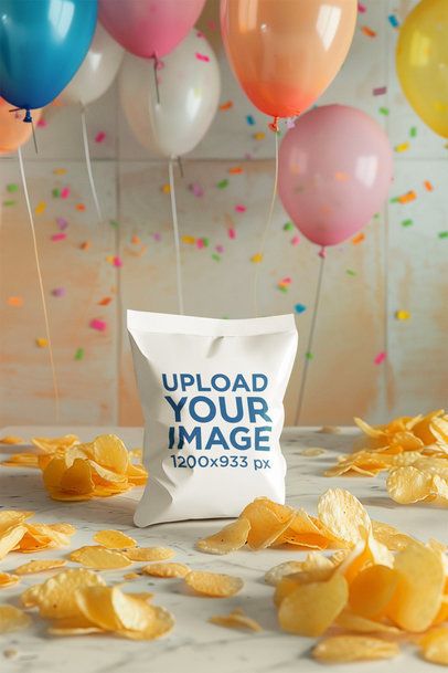 Birthday-Themed Mockup Featuring an AI-Created Chip Bag Placed on a Table With Balloons m50237