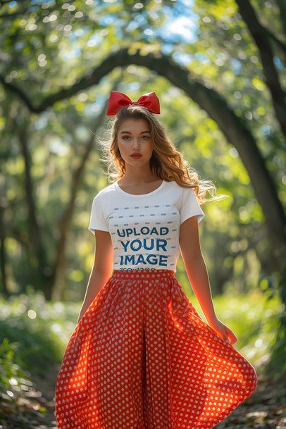 T-Shirt Mockup Featuring an AI-Created Woman With an Outfit Inspired by a Popular Mouse